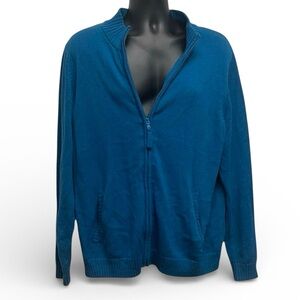 D&Co Blue Zip Front Cardigan Sweater XL Ribbed Collar Pockets